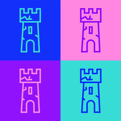 Pop art line Castle tower icon isolated on color background. Fortress sign. Vector.