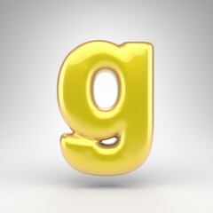 Letter G lowercase on white background. Yellow car paint 3D letter with glossy metallic surface.