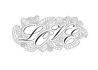 Word Love for coloring book. Coloring page for adult and older children. Hand drawn Valentines Day baner