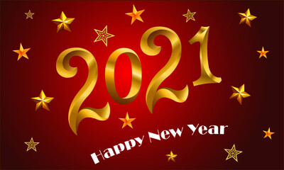 Happy New Year 2021. Red background with golden star text numbers. Template for products, advertizing, web banners, leaflets, certificates and postcards. Vector illustration.