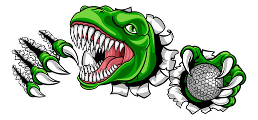 A dinosaur T Rex or raptor golf player cartoon animal sports mascot holding a ball in its claw © Christos Georghiou