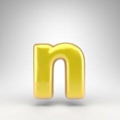 Letter N lowercase on white background. Yellow car paint 3D letter with glossy metallic surface.