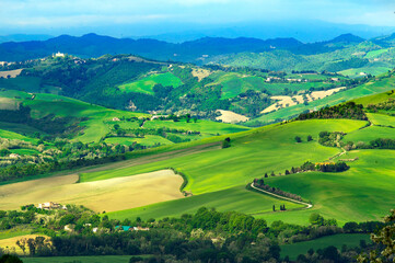 Panorama verde di campi e montagne nelle marche