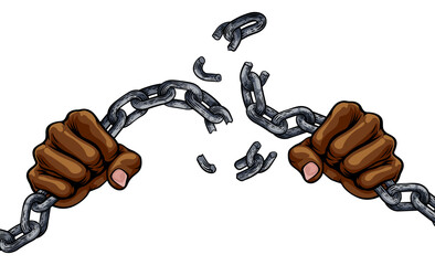 Hands in fists breaking a chain freedom concept design - obrazy, fototapety, plakaty