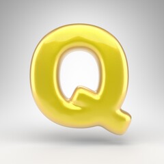 Letter Q uppercase on white background. Yellow car paint 3D letter with glossy metallic surface.