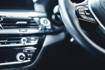 Luxury modern car interior. Automatic gearbox lever; Automatic transmission gearshift stick....