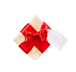 present gift box with red ribbon isolated on white. Valentine's day, birthday present, mother's day concept