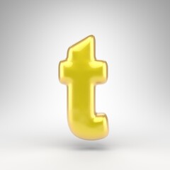 Letter T lowercase on white background. Yellow car paint 3D letter with glossy metallic surface.