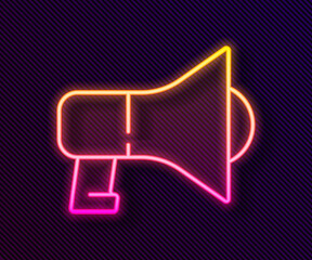 Glowing neon line Megaphone icon isolated on black background. Speaker sign. Vector.