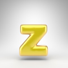 Letter Z lowercase on white background. Yellow car paint 3D letter with glossy metallic surface.