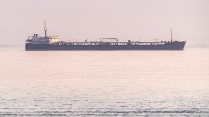 Oil tanker in foggy sea