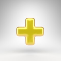 Plus symbol on white background. Yellow car paint 3D sign with glossy metallic surface.