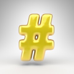 Obraz premium Hashtag symbol on white background. Yellow car paint 3D sign with glossy metallic surface.