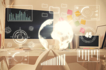 Double exposure of financial graph drawing and office interior background. Concept of stock market.