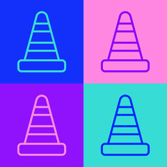 Pop art line Traffic cone icon isolated on color background. Vector.