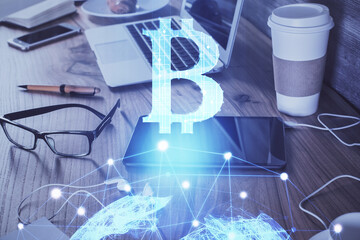 Double exposure of blockchain theme drawing and cell phone background. Concept of cryptomarket