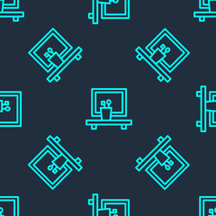 Green line Washbasin mirror icon isolated seamless pattern on blue background. Bathroom interior with a mirror. Vector.