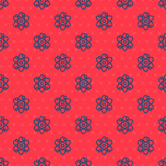 Blue line Atom icon isolated seamless pattern on red background. Symbol of science, education, nuclear physics, scientific research. Vector.