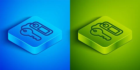 Isometric line Hotel door lock key with number tag icon isolated on blue and green background. Square button. Vector.