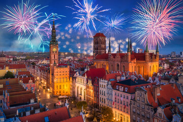 Fireworks display over the old town in Gdansk, Poland
