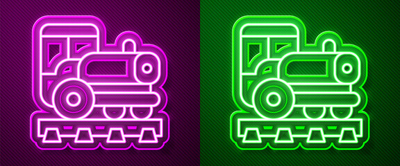 Glowing neon line Vintage locomotive icon isolated on purple and green background. Steam locomotive. Vector.