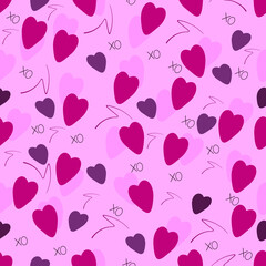 Fototapeta na wymiar Hearts and the inscription XO XO on a pink background. Seamless pattern. For textiles, cards, wallpapers and backgrounds. Vector illustration.