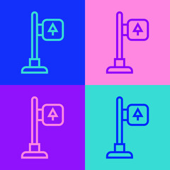 Pop art line Road traffic sign. Signpost icon isolated on color background. Pointer symbol. Street information sign. Direction sign. Vector.