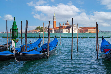 Gondola on the background of the island of San Giorgio Maggiore in Venice (Italy)