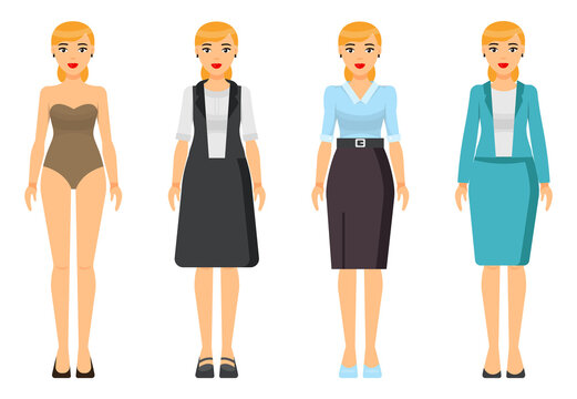 Cartoon characters. Woman blond with short haircut wearing different clothes. Girl in underwear. Businesslady wear business and home dress, skirt and blouse, office suit with jacket. Set of clothes