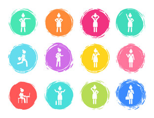 Set of business woman white silhouettes icons in round frames of different colors. Women in action. Lady dressed formally full length. Businesswoman activities at work. Positions and actions of person