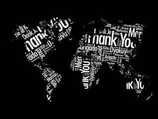 Fototapeta na wymiar Thank You in many languages World Map in Typography word cloud, multilingual for education