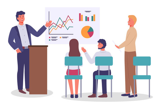 Office staff, employees. Annual report, graphs, charts. Man holds business presentation, pointing to whiteboard with analytics. Listeners are sitting on chairs. Man standing with document. Flat image