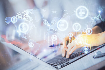Double exposure of woman hands typing on computer and forex chart hologram drawing. Stock market invest concept.