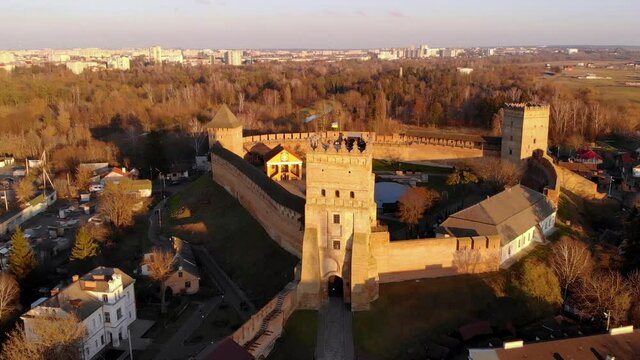 Historic castle at sunset. Ancient Cossack fortress. Shooting from a height.