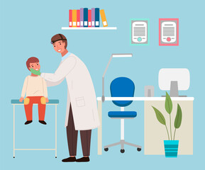 A patient at the doctor s appointment. Otolaryngologist examines oral cavity of a little boy. ENT holds the guy by the head to see his mouth. The doctor with patient for consultation in hospital