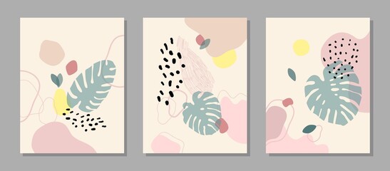 Contemporary art print. Vector hand drawn artwork. Trendy 50s, 60s retro, vintage. Matisse style. Hugge home, house decor. Set collection. Beige, black, pink, green, yellow soft colors. Minimalism