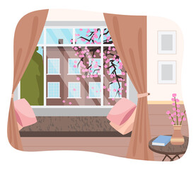 Interior of stylish room with comfortable couch and pillows, table with blooming branch and book, urban building, cozy place for rest and look at street, spring outside, flat design of home room
