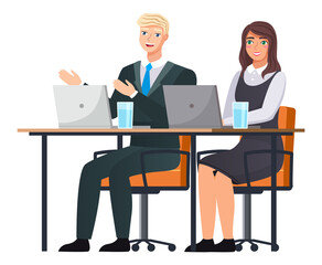 Office staff, work and communication. Head and subordinates. Various workers, managers team. Business employees on their workspace. Office workers. Co-workers. Colleagues discuss project teamwork