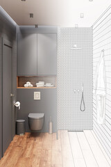Naklejka na ściany i meble The sketch becomes a real black bathroom with a wooden floor, ceiling with a backlight, black door, hanging toilet, storage cupboard, white mosaic shower with glass partition, bathrobe. 3d render