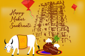 Illustration of Happy Pongal Holiday Harvest Festival of Andhra Pradesh South India greeting background with  silhouette temple, cute cow, colorful kites, Pongal pots and sugar canes vector. 

