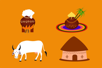 set of Pongal objects represents tradition of south India vector contains cow, hut, Pongal pot, Rangoli, sugar cane illustration. 

