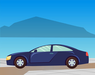 Fototapeta na wymiar Traveling on car vector, automobile riding on road by seaside with mountains silhouette. Transportation, auto by seashore, driving vehicle at street illustration in flat style design for web, print