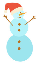 Snowman in red Santa hat. Happy Christmas Holidays. Vector hand drawn illustration. The symbol of the New Year. It can be used to decorate clothes, greeting cards, postcards