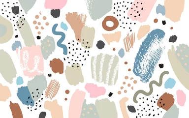 Foto op Canvas Contemporary pattern. Naive art. Brush, marker, highlight stroke. Abstract background. Vector artwork. Memphis vintage retro style. Beige, grey, pink, green, black, blue, white colors. © Oksana Trygub