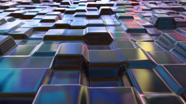 Hot iron and smelting of ingots and precious metals like gold, platinum. Seamless loop abstract background with moving up down cube shape object, light effects and colorful reflections, 3d animation.