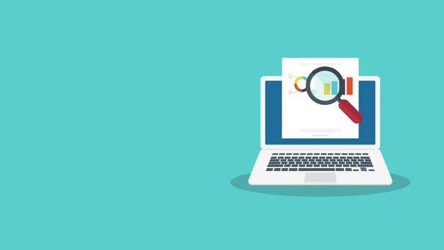 Data analysis, data report online on laptop computer, financial audit research analysis, analytics document web report, stats evaluation.