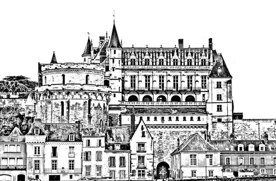 Amboise Castle in Loire Valley, Touraine region, France - vintage painted style illustration series, pencil drawing style.