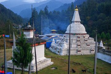 Blue hour view of ancient Buddhist monument Chendebji chorten near Trongsa in Central Bhutan, a stupa built in the Nepalese style