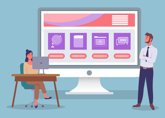 Screen of computer with educational, promotional icons. Office workers developing, creating social website. Businesspeople working in internet, woman sitting at table, executive man standing smiling