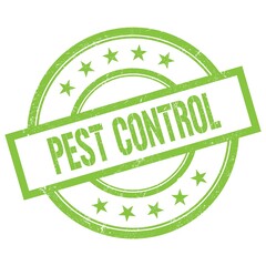 PEST CONTROL text written on green vintage stamp.